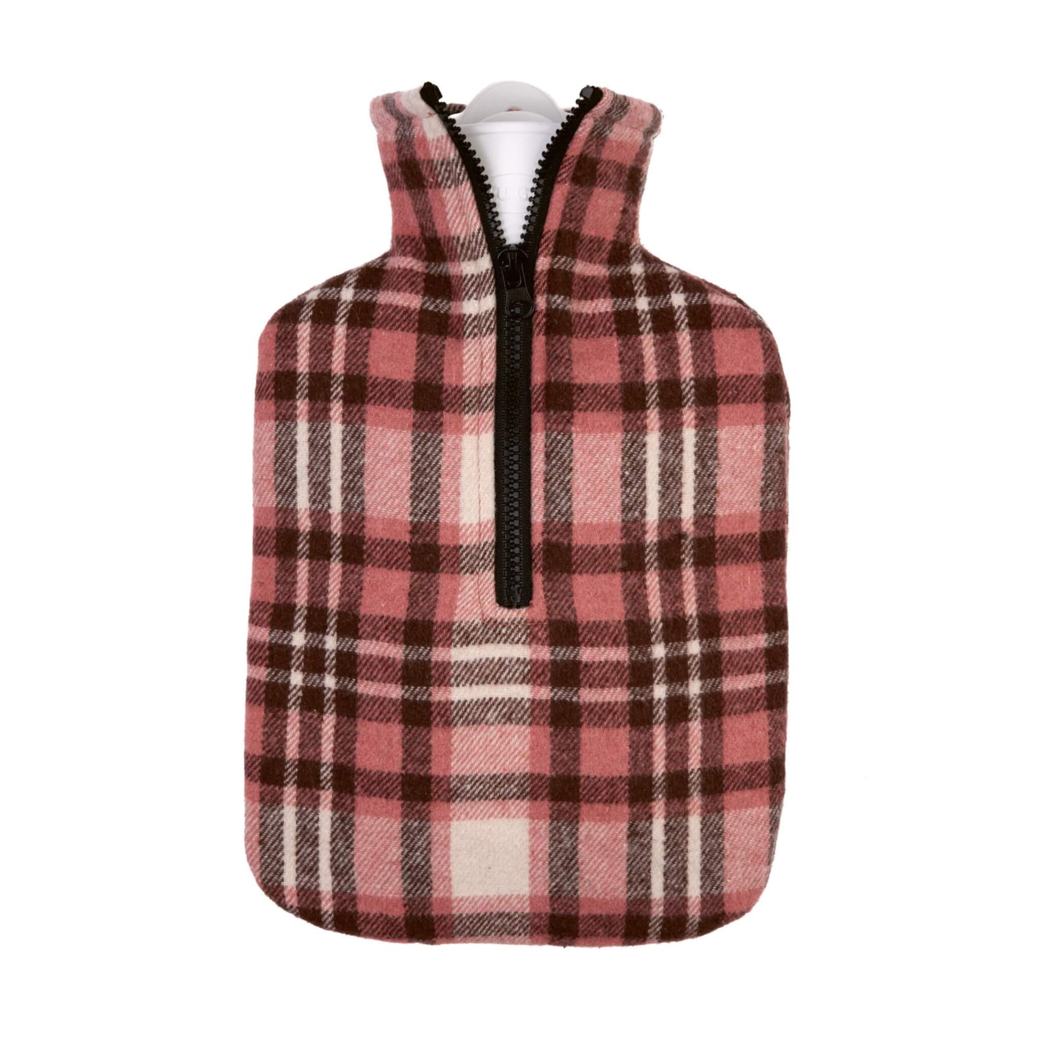 1.8 Litre Classic Hot Water Bottle with Vintage Pink Check Flannel Cover (rubberless)